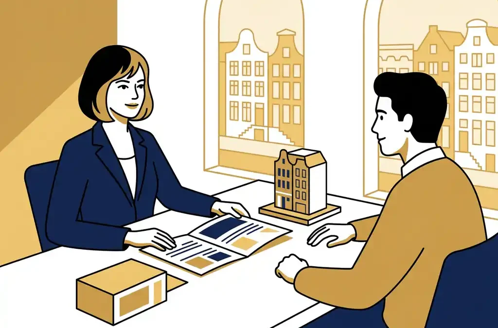 Onafhankelijk adviseur bespreekt ondernemersplan met architect aan modern bureau, dossier en maquette zichtbaar, Amsterdams grachtenvenster op achtergrond.