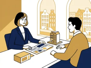 Onafhankelijk adviseur bespreekt ondernemersplan met architect aan modern bureau, dossier en maquette zichtbaar, Amsterdams grachtenvenster op achtergrond.