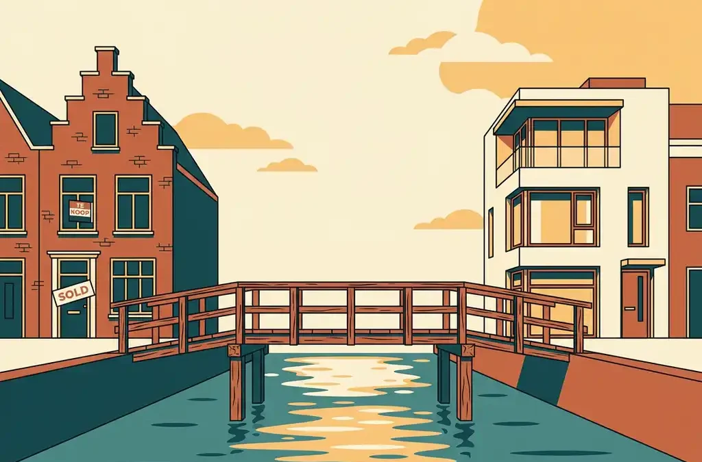Houten brug over Hollandse gracht tussen oud grachtenpand te koop en modern nieuwbouwhuis, vectorillustratie in terracotta en groenblauw.