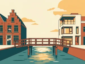 Houten brug over Hollandse gracht tussen oud grachtenpand te koop en modern nieuwbouwhuis, vectorillustratie in terracotta en groenblauw.
