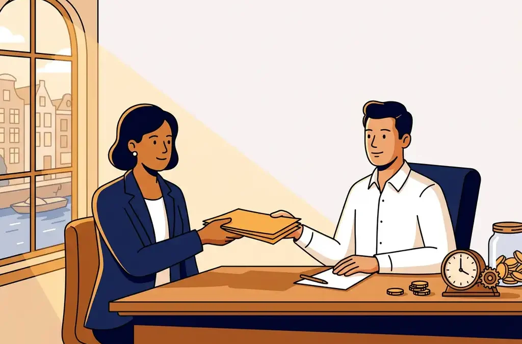 Ondernemer overhandigt facturen aan financieel adviseur aan houten bureau, met munten en klok als symbolen van cashflowbeheer, warm Amsterdams licht.