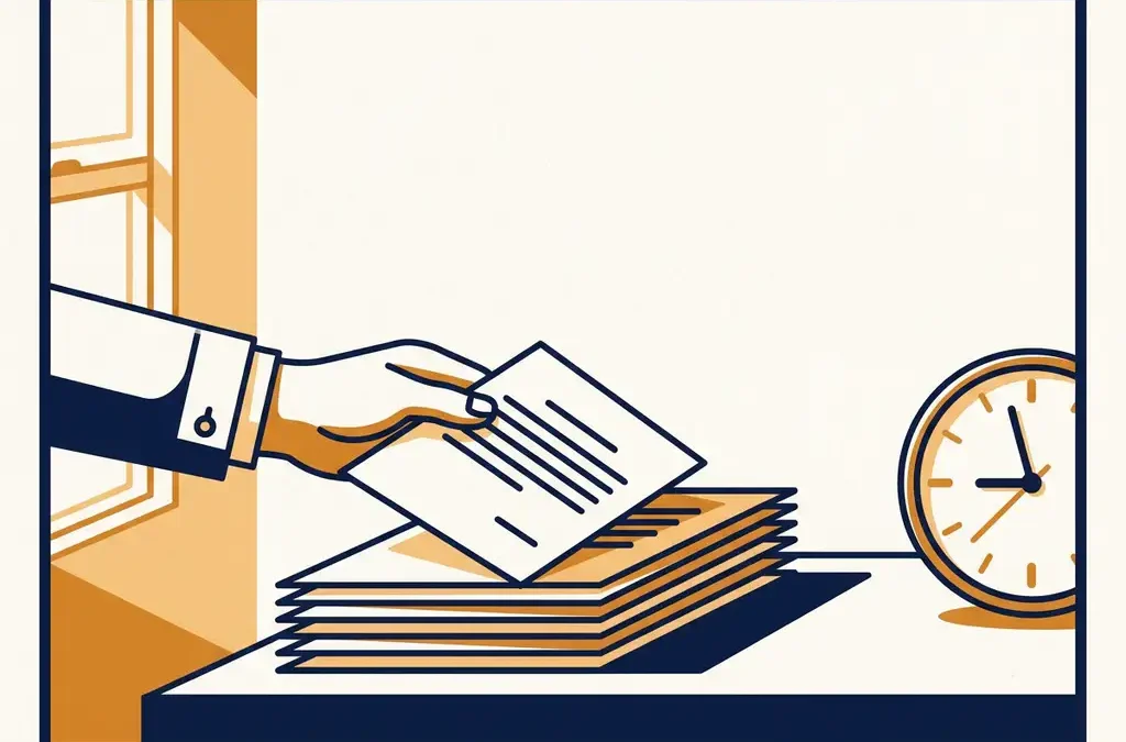 Zakenman legt document op stapel financiële papieren naast analoog horloge op modern bureau, warme amber en marineblauw tinten.