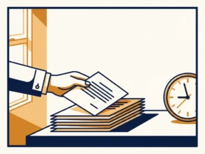Zakenman legt document op stapel financiële papieren naast analoog horloge op modern bureau, warme amber en marineblauw tinten.