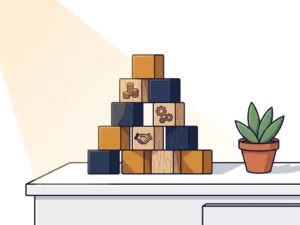 Gestapelde houten blokken in piramidevorm symboliseren gelaagde financieringsstructuur, met kleine groene plant op wit bureau.