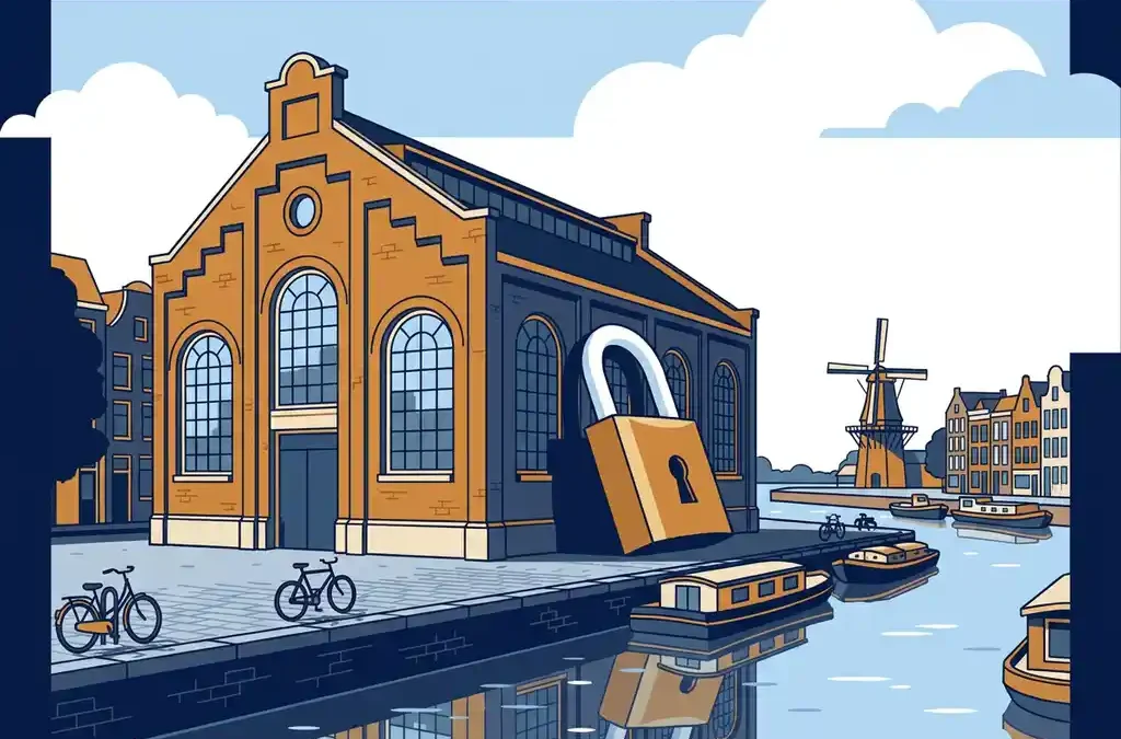 Bakstenen bedrijfspand met groot hangslot langs een Nederlandse gracht, vlakke vectorillustratie in marineblauw en warm amber.