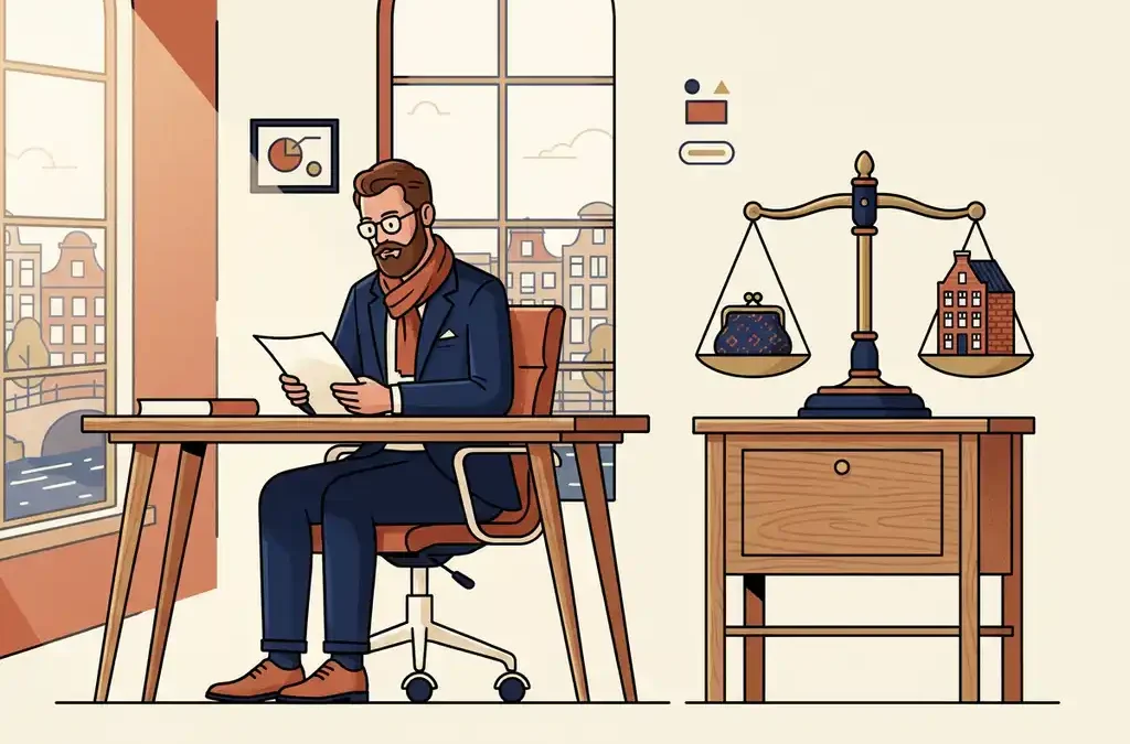 Nederlandse ondernemer bestudeert financieel contract aan bureau, met weegschaal die geldbeurs en miniatuurgebouw balanceert.