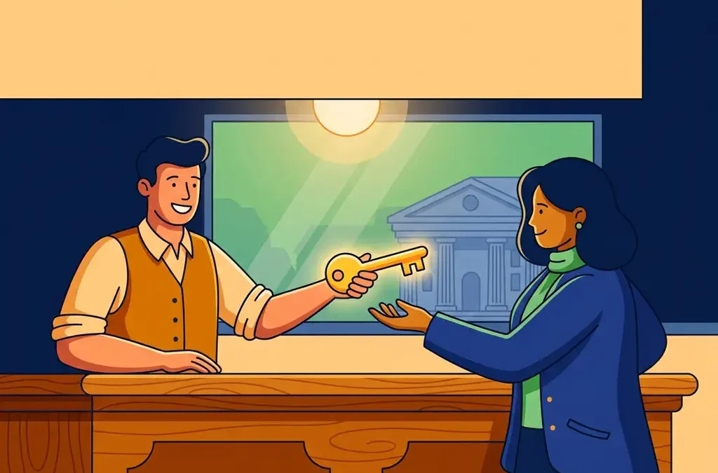 Ondernemer overhandigt gouden sleutel aan alternatieve geldverstrekker, traditionele bank zichtbaar op achtergrond.