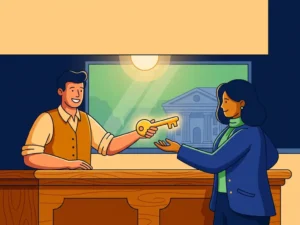 Ondernemer overhandigt gouden sleutel aan alternatieve geldverstrekker, traditionele bank zichtbaar op achtergrond.