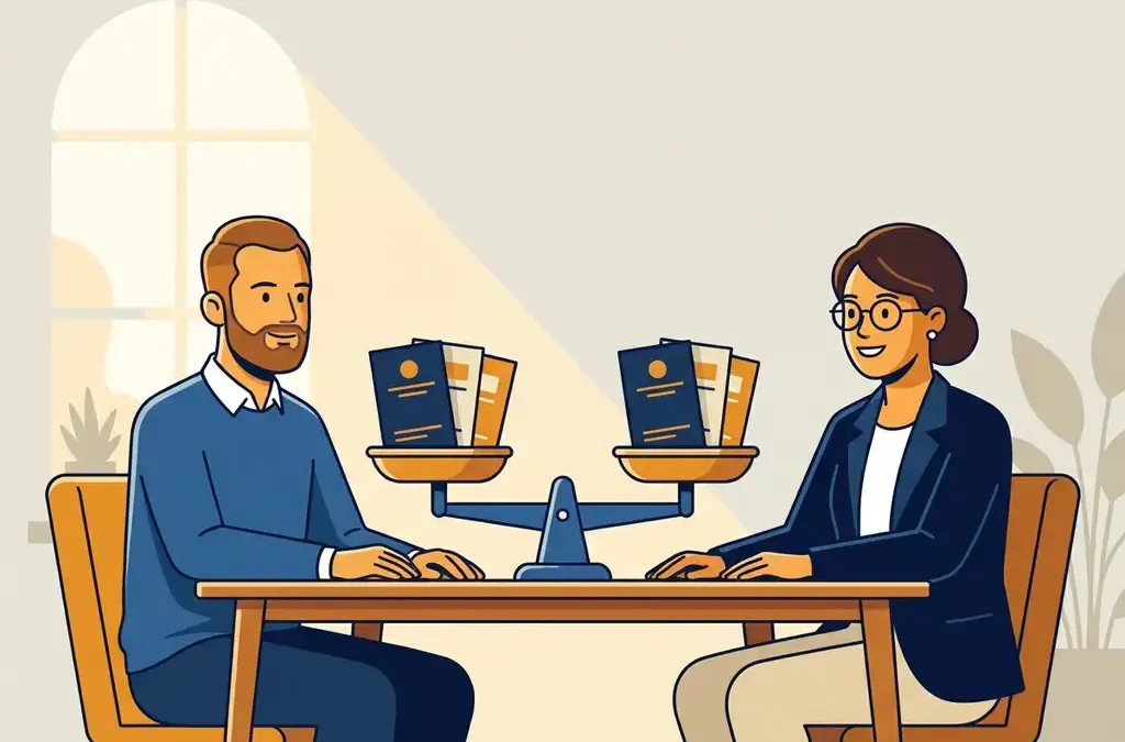 Nederlandse mkb-ondernemer en adviseur aan modern bureau met weegschaal vol bankbrochures in evenwicht, warme amber en marineblauw tinten.