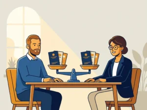 Nederlandse mkb-ondernemer en adviseur aan modern bureau met weegschaal vol bankbrochures in evenwicht, warme amber en marineblauw tinten.