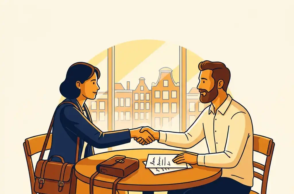 Ondernemer en alternatieve geldverstrekker schudden handen aan cafétafel in Amsterdam, met financiële documenten en leren tas nabij.