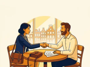 Ondernemer en alternatieve geldverstrekker schudden handen aan cafétafel in Amsterdam, met financiële documenten en leren tas nabij.