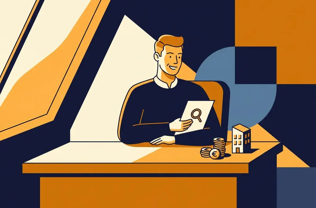 Nederlandse ondernemer bestudeert financieringsdocument aan modern bureau met euromunten en miniatuur gebouwmodel.