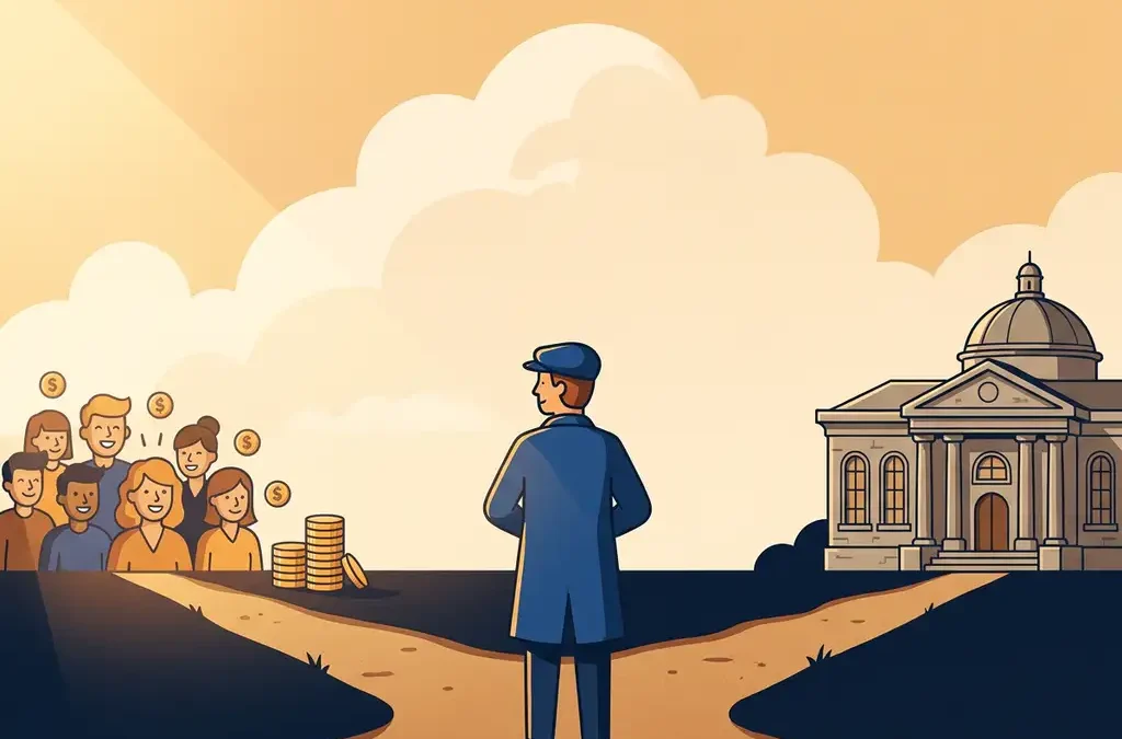 Nederlandse ondernemer op kruispunt tussen crowdfunding-investeerders met gouden munten en traditionele stenen bank.
