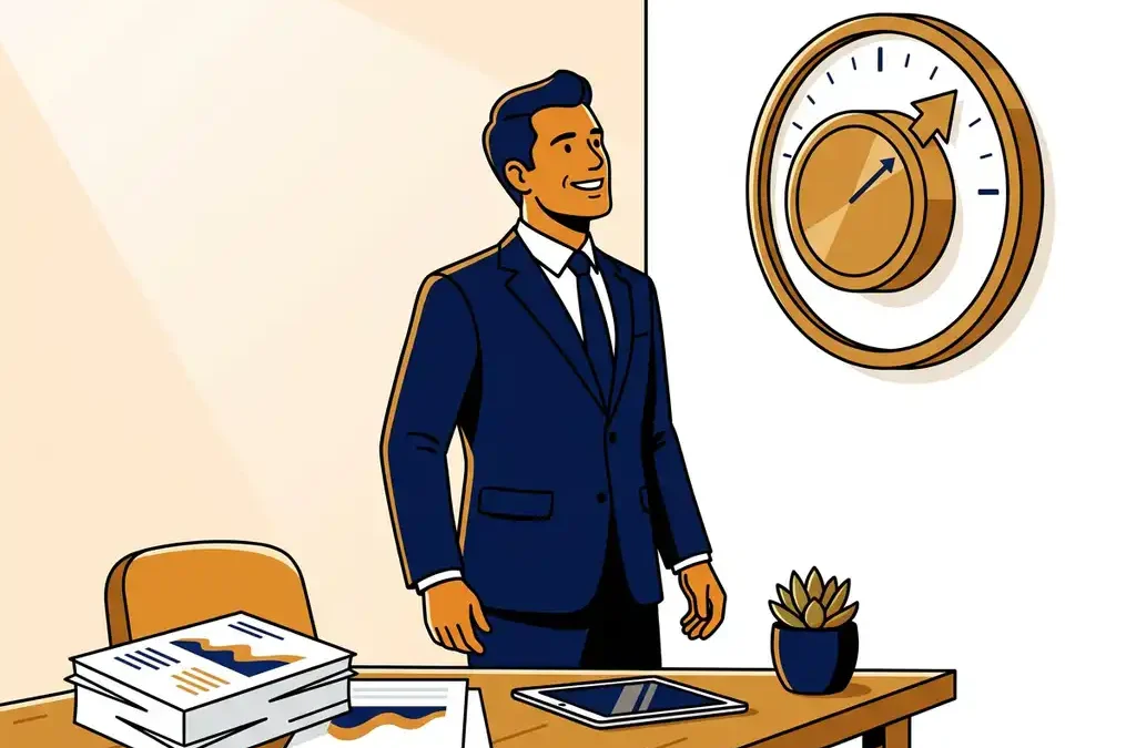 Nederlandse ondernemer bekijkt grote messing renteschijf aan witte muur, met financiële documenten en plant op modern bureau.