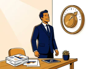 Nederlandse ondernemer bekijkt grote messing renteschijf aan witte muur, met financiële documenten en plant op modern bureau.