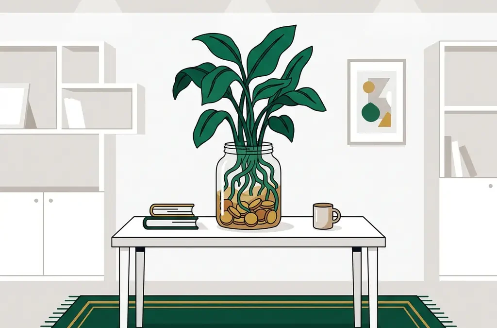Weelderige groene plant die opgroeit uit een glazen pot gevuld met munten, met zichtbare wortels op een modern bureau.