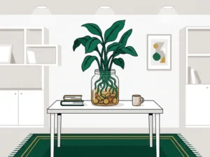Weelderige groene plant die opgroeit uit een glazen pot gevuld met munten, met zichtbare wortels op een modern bureau.