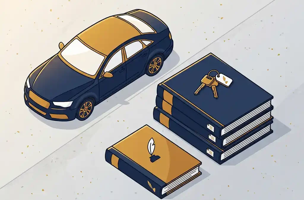 Zakelijke auto naast financiële documenten en bedrijfsadministratie met autosleutels, illustratie over leaseauto en belasting.