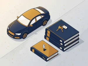 Zakelijke auto naast financiële documenten en bedrijfsadministratie met autosleutels, illustratie over leaseauto en belasting.