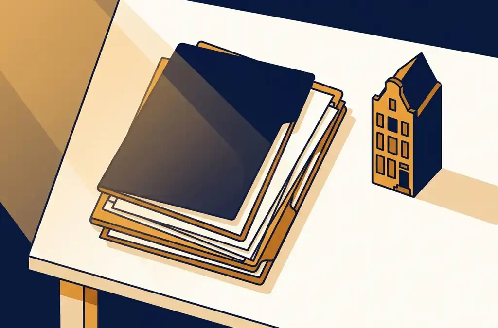 Stapel zakelijke documenten en mappen op modern bureau met Hollands grachtenpandbeeldje, warm amber en marineblauw kleurenpalet.