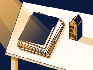 Stapel zakelijke documenten en mappen op modern bureau met Hollands grachtenpandbeeldje, warm amber en marineblauw kleurenpalet.