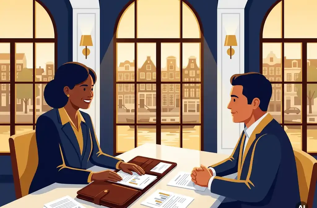 Financieel adviseur en ondernemer in gesprek aan modern bureau met portfolio en documenten, Amsterdams grachtenvenster op de achtergrond.